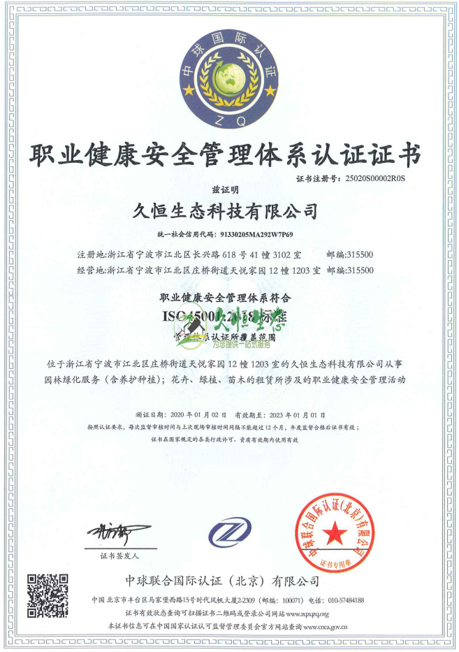 嘉兴平湖职业健康安全管理体系ISO45001证书